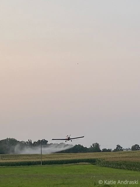 A single-engine plane flying low over a calm body of water at sunset.