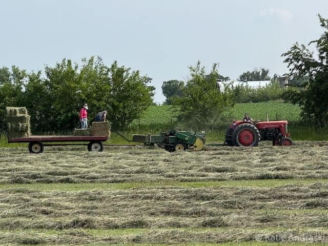 Two tractors working in a grassy field under a cloudy sky.