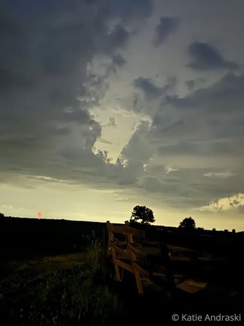 Sunset sky with dramatic clouds and silhouetted trees.