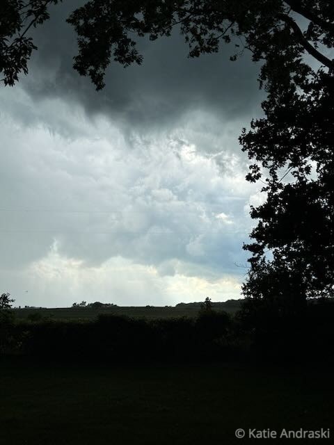 Dark storm clouds gather over a landscape with silhouetted trees.